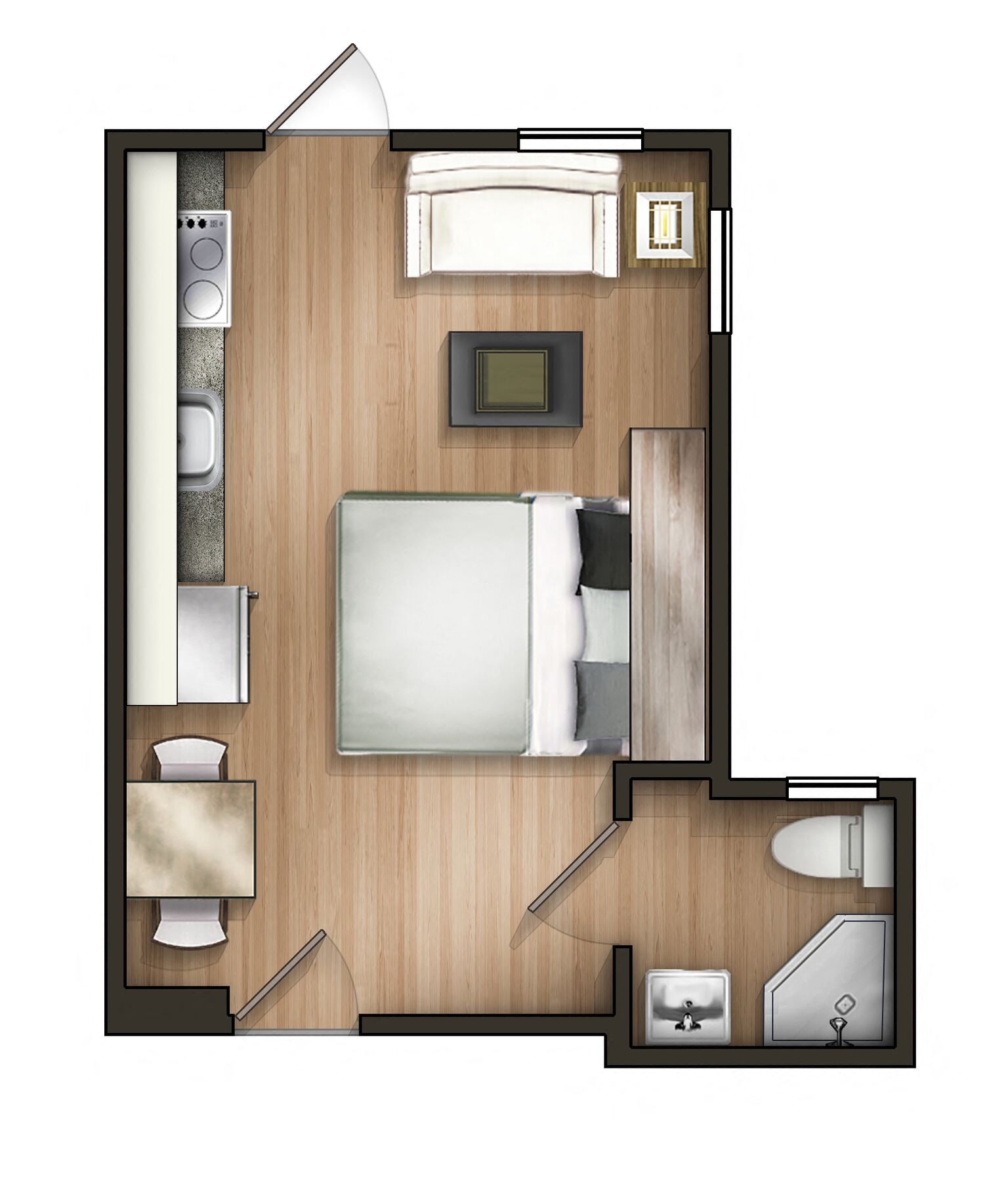 Floor plan for studio, 1 bath, 275 sqft